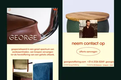George Stoffering website homepage and contact section with upholstery photography – george-stoffering