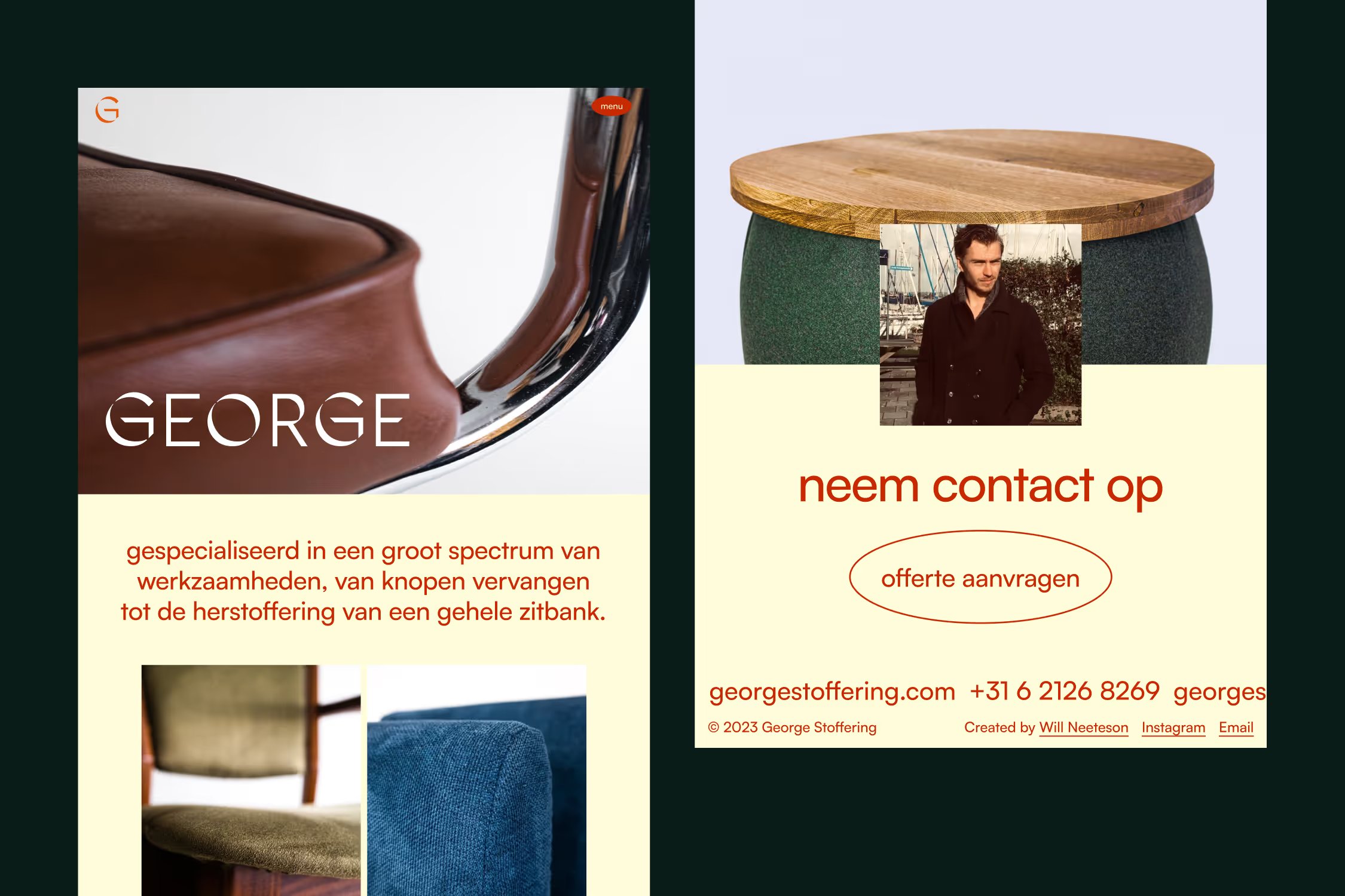 George Stoffering website homepage and contact section with upholstery photography
