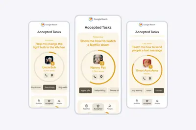 Three Google Reach phone screens showing accepted help tasks – google-reach