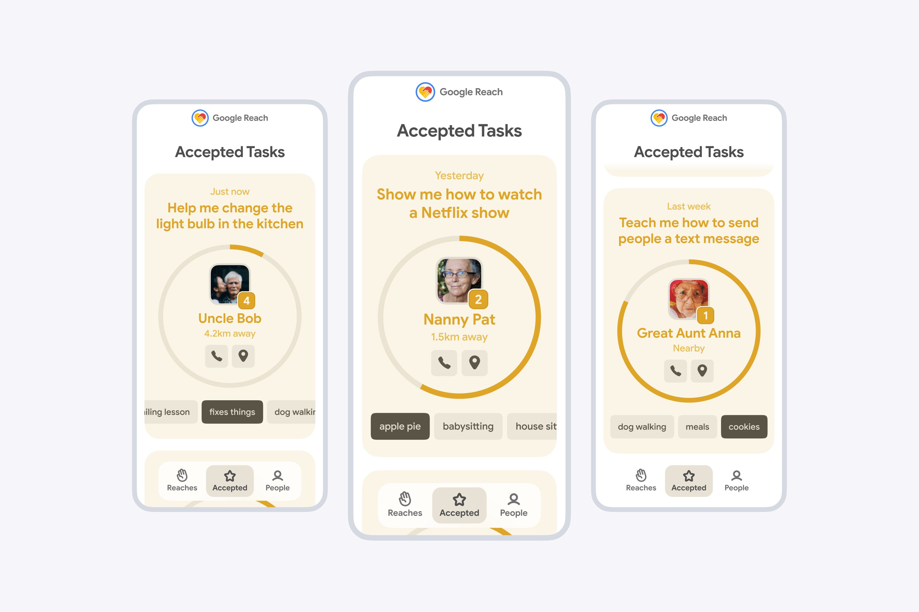 Three Google Reach phone screens showing accepted help tasks