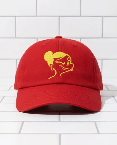 Red cap embroidered with the yellow Mrs Squizzi face logo – squizzi