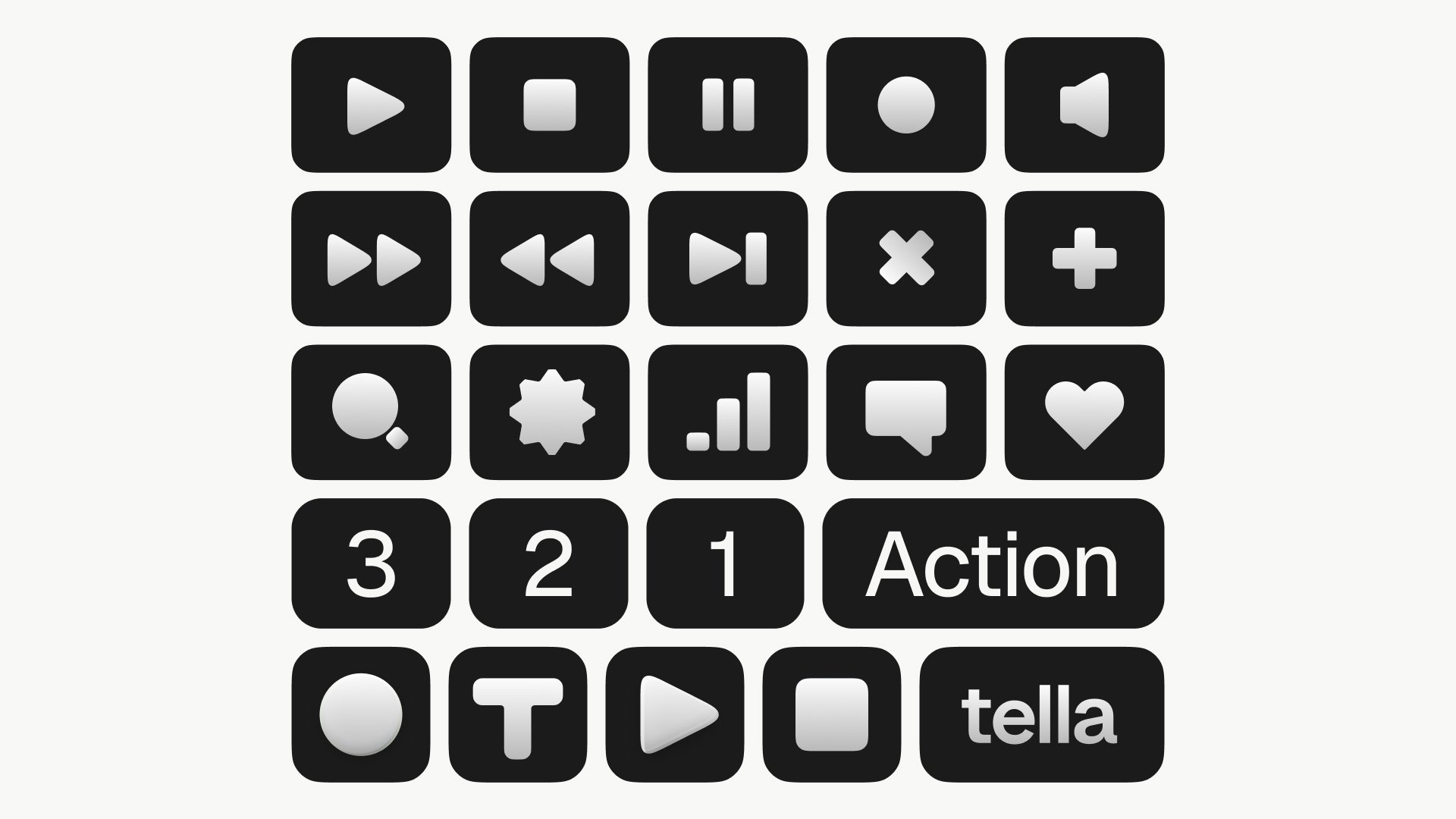 Grid of soft 3D Tella interface icons in black, including play, record, pause and countdown tiles