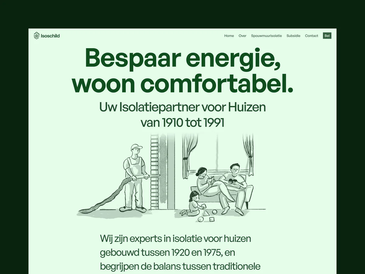 isoschild – Isoschild homepage hero with insulation illustration of a family at home