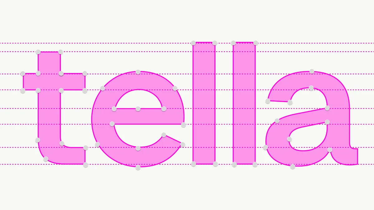 tella – Tella wordmark drawn in pink with red-line construction guides and anchor points