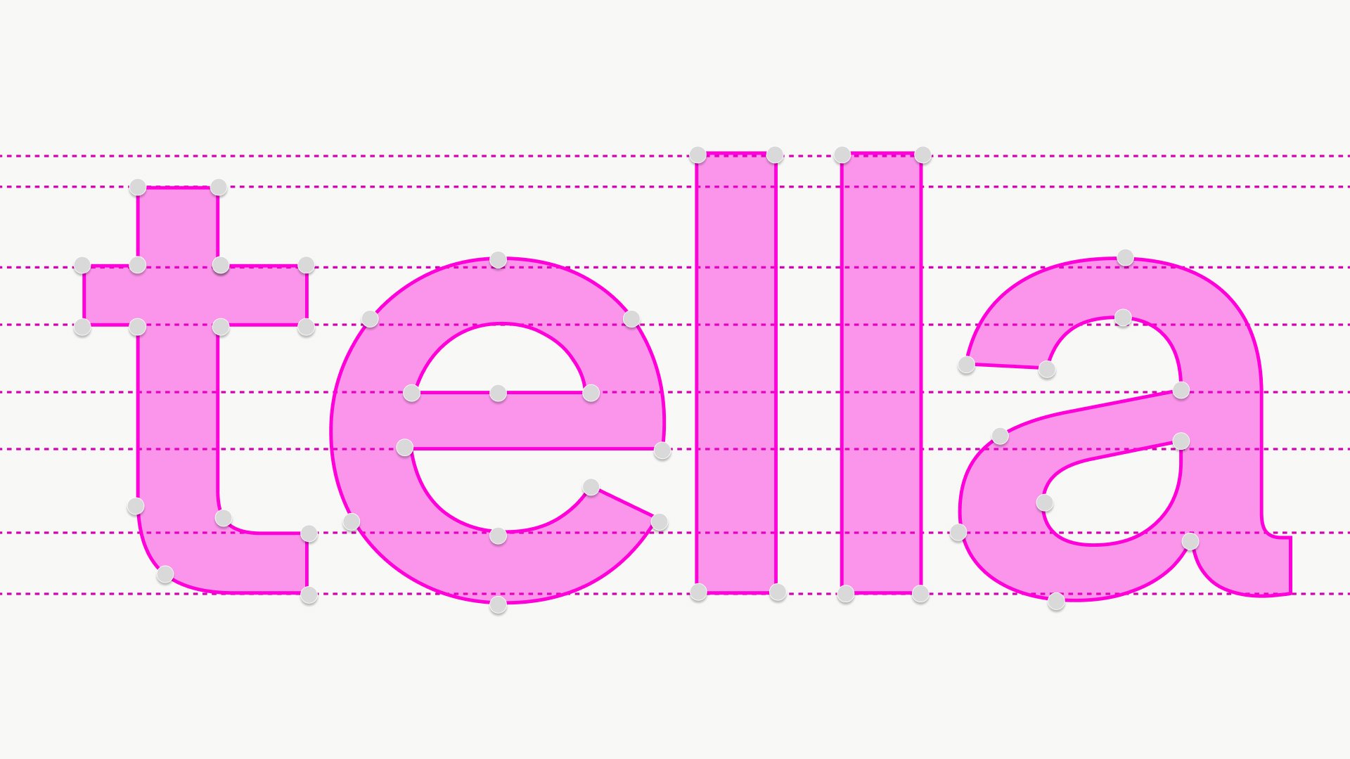 Tella wordmark drawn in pink with red-line construction guides and anchor points