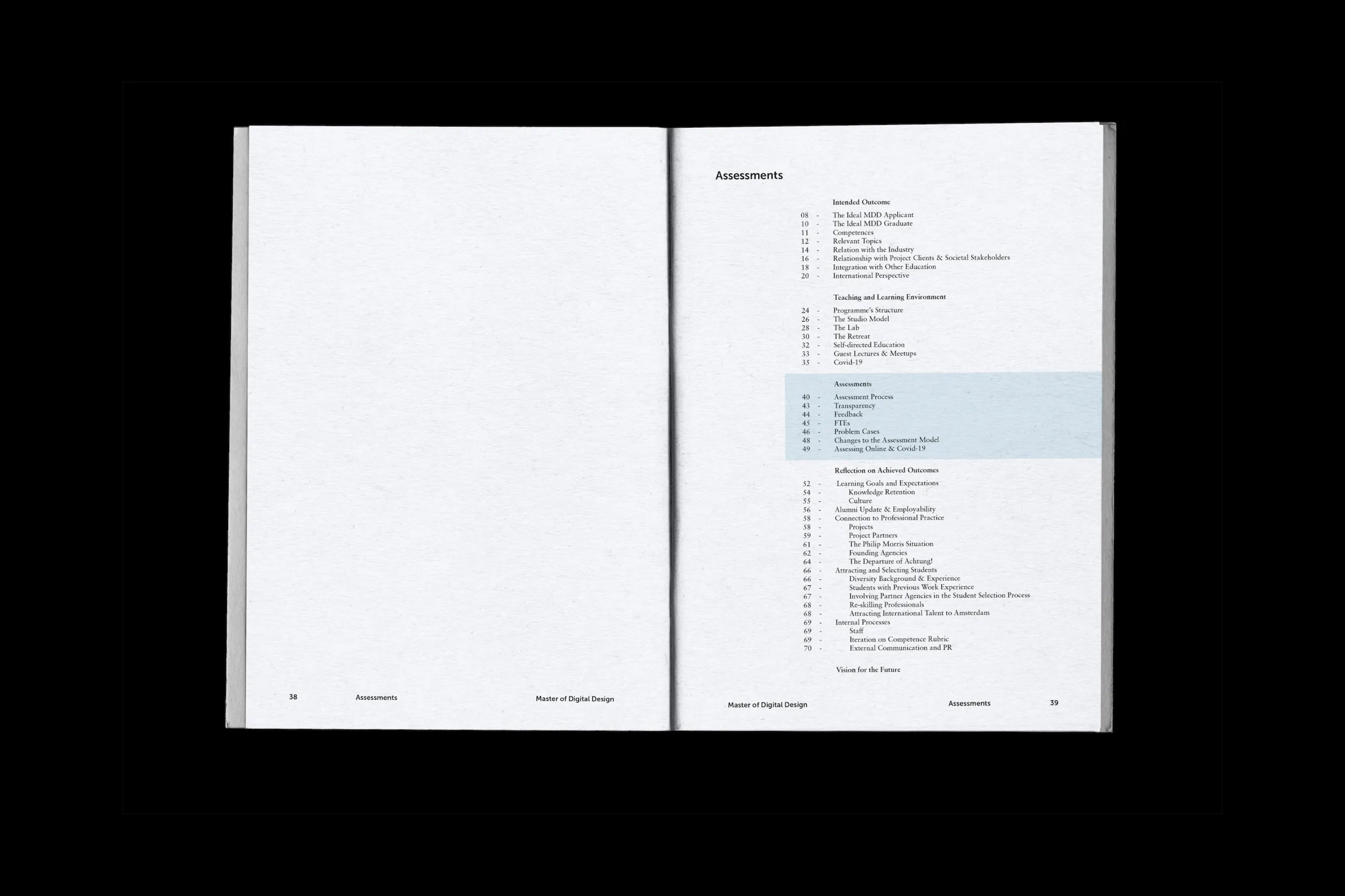 MDD book table of contents page listing Assessments chapters