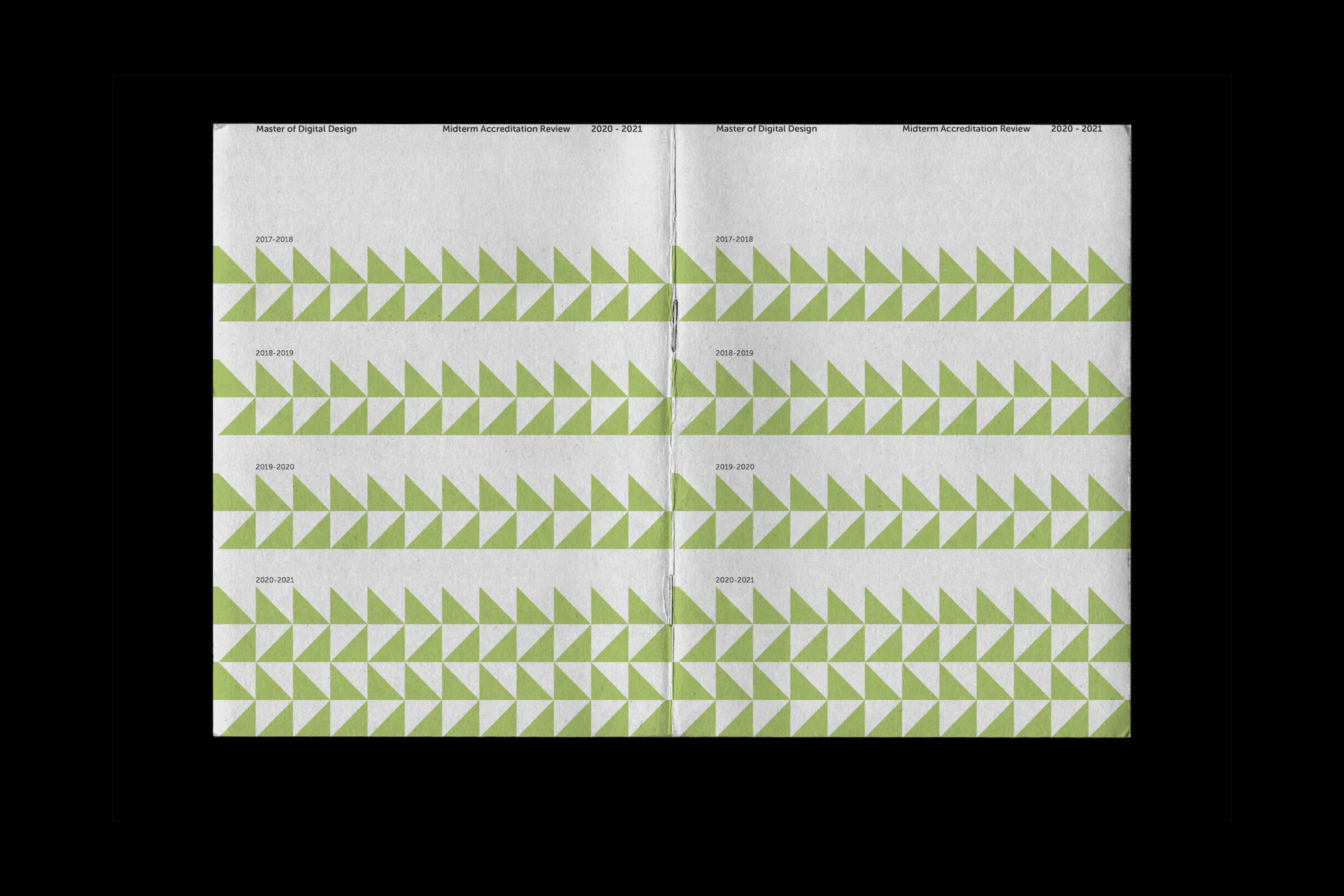 MDD book spread with green triangular pattern by year