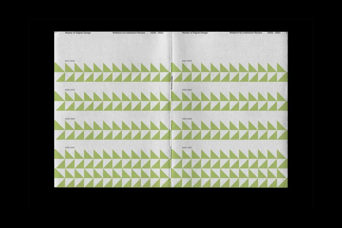 mdd-midterm-book – MDD book spread with green triangular pattern by year