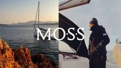MOSS wordmark over split photos of a moored yacht at sunset and a sailor aboard – moss-ecommerce