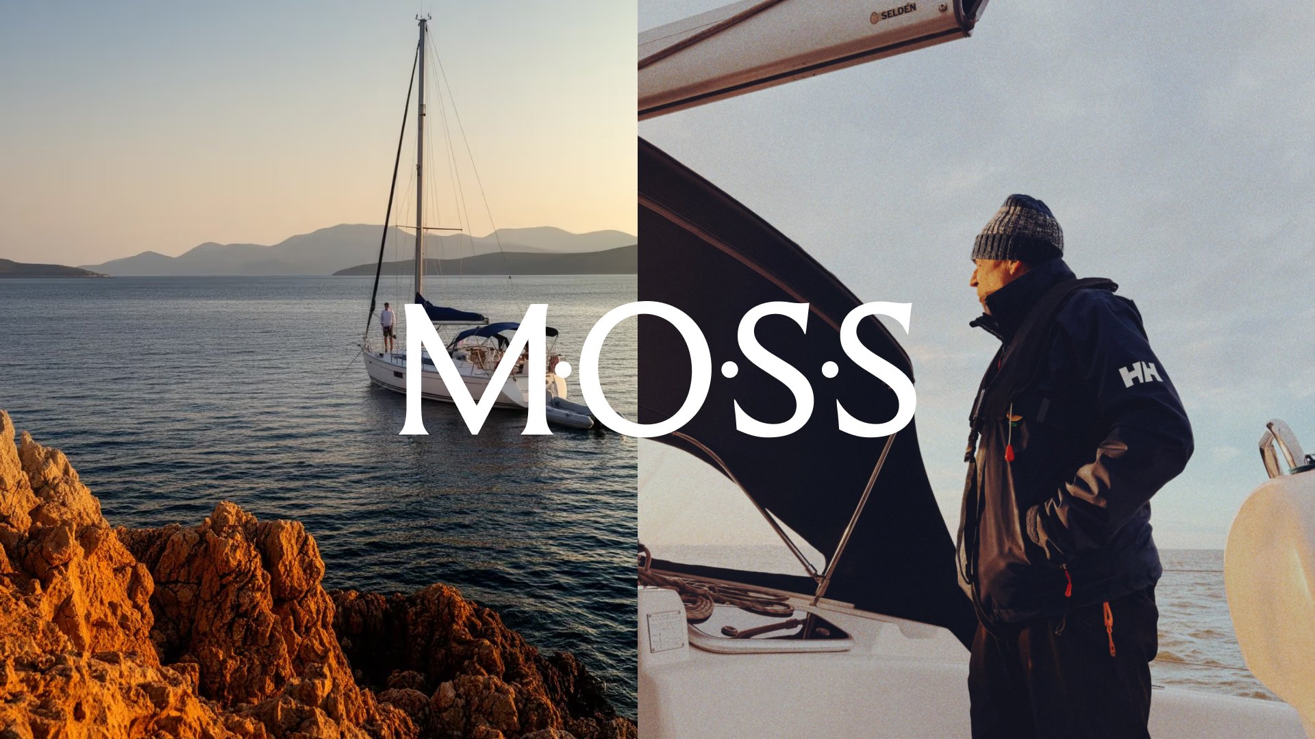 MOSS wordmark over split photos of a moored yacht at sunset and a sailor aboard