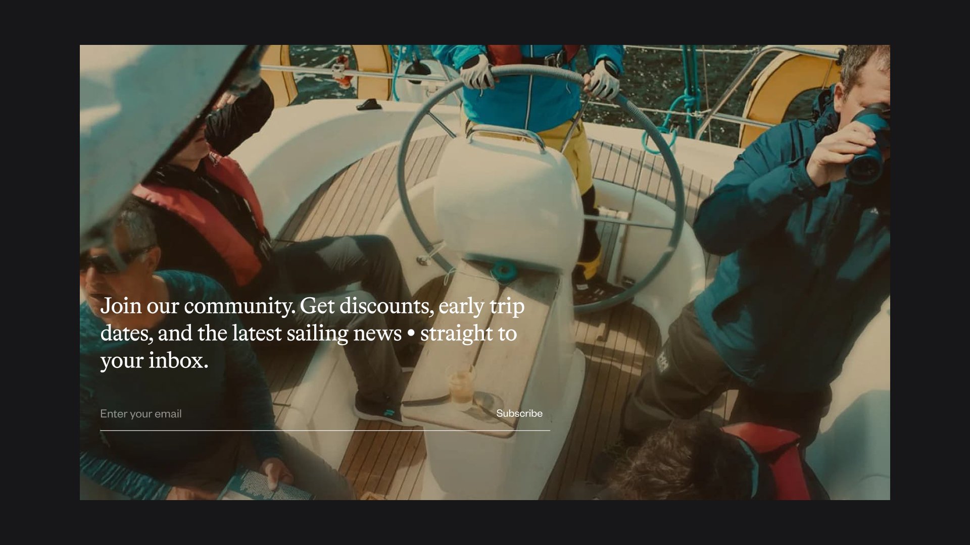 MOSS newsletter signup block over a photo of sailors in a yacht cockpit