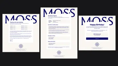 Three MOSS customer emails: booking confirmation, signed disclaimer and birthday discount – moss-ecommerce