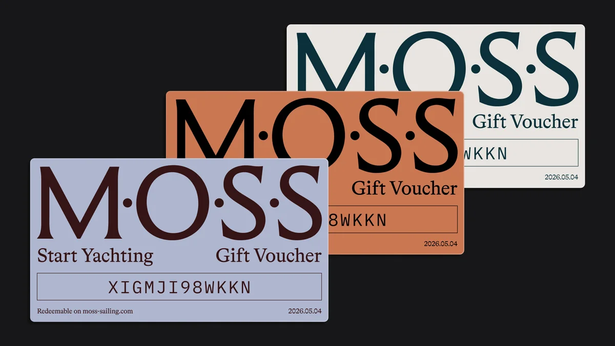 moss-ecommerce – Three MOSS gift voucher cards in pale blue, terracotta and cream with redemption codes