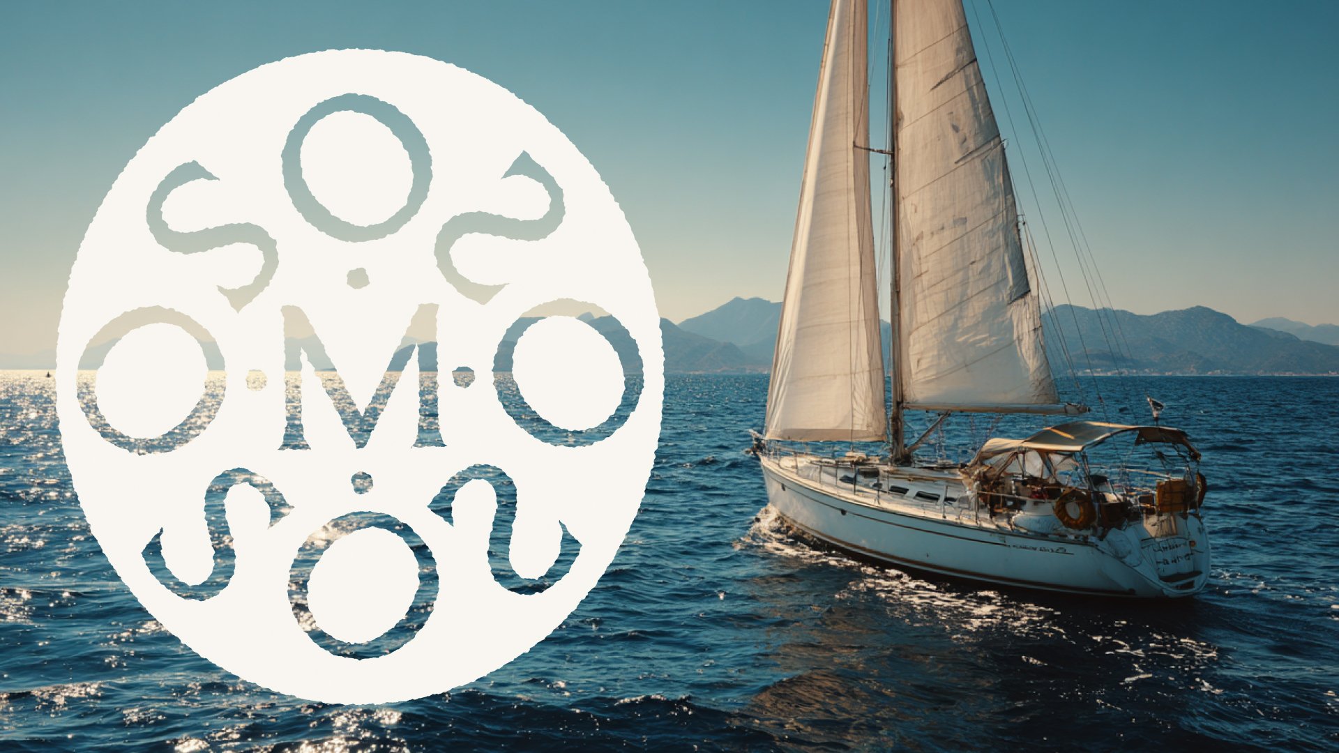 MOSS circular monogram over a yacht sailing on open water