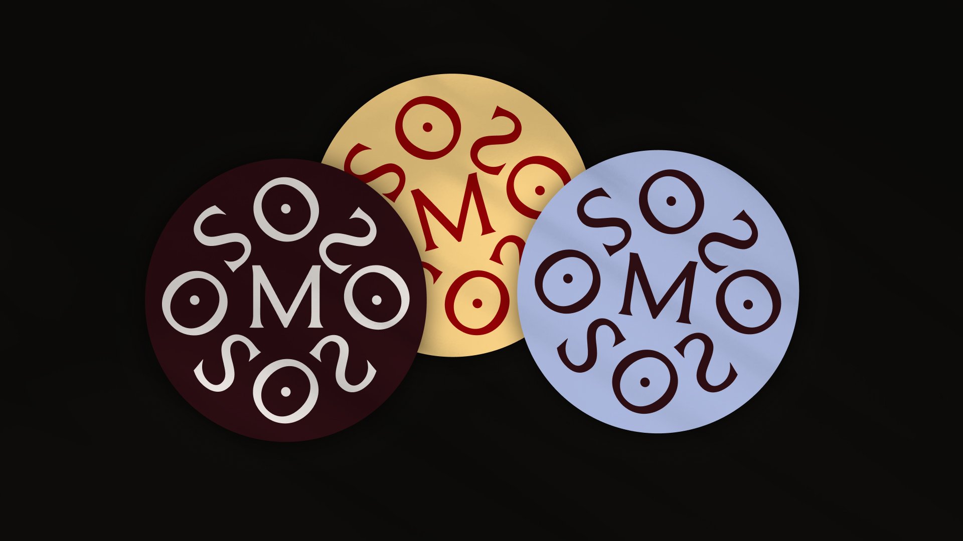 Three MOSS monogram stickers in burgundy, gold and pale blue