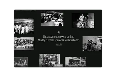 Muddy launch hero with black-and-white photos of historic teams and crews – muddy