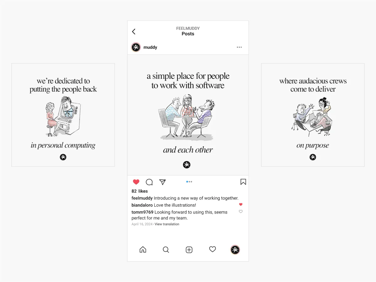 muddy – Muddy social campaign posts with line illustrations of people working together