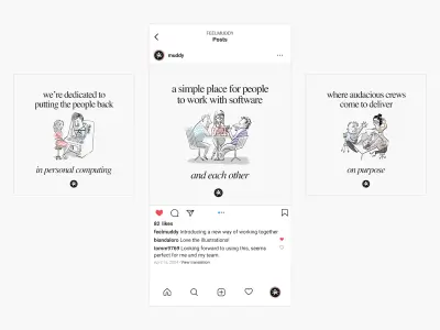 Muddy social campaign posts with line illustrations of people working together – muddy