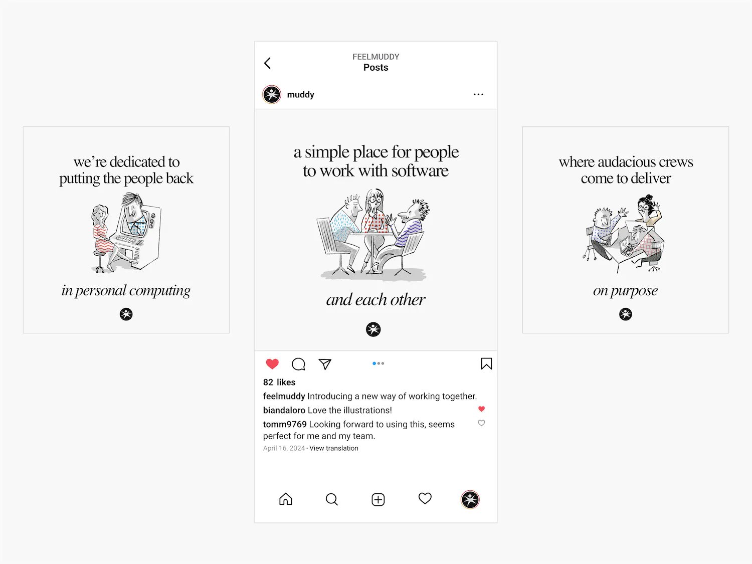Muddy social campaign posts with line illustrations of people working together