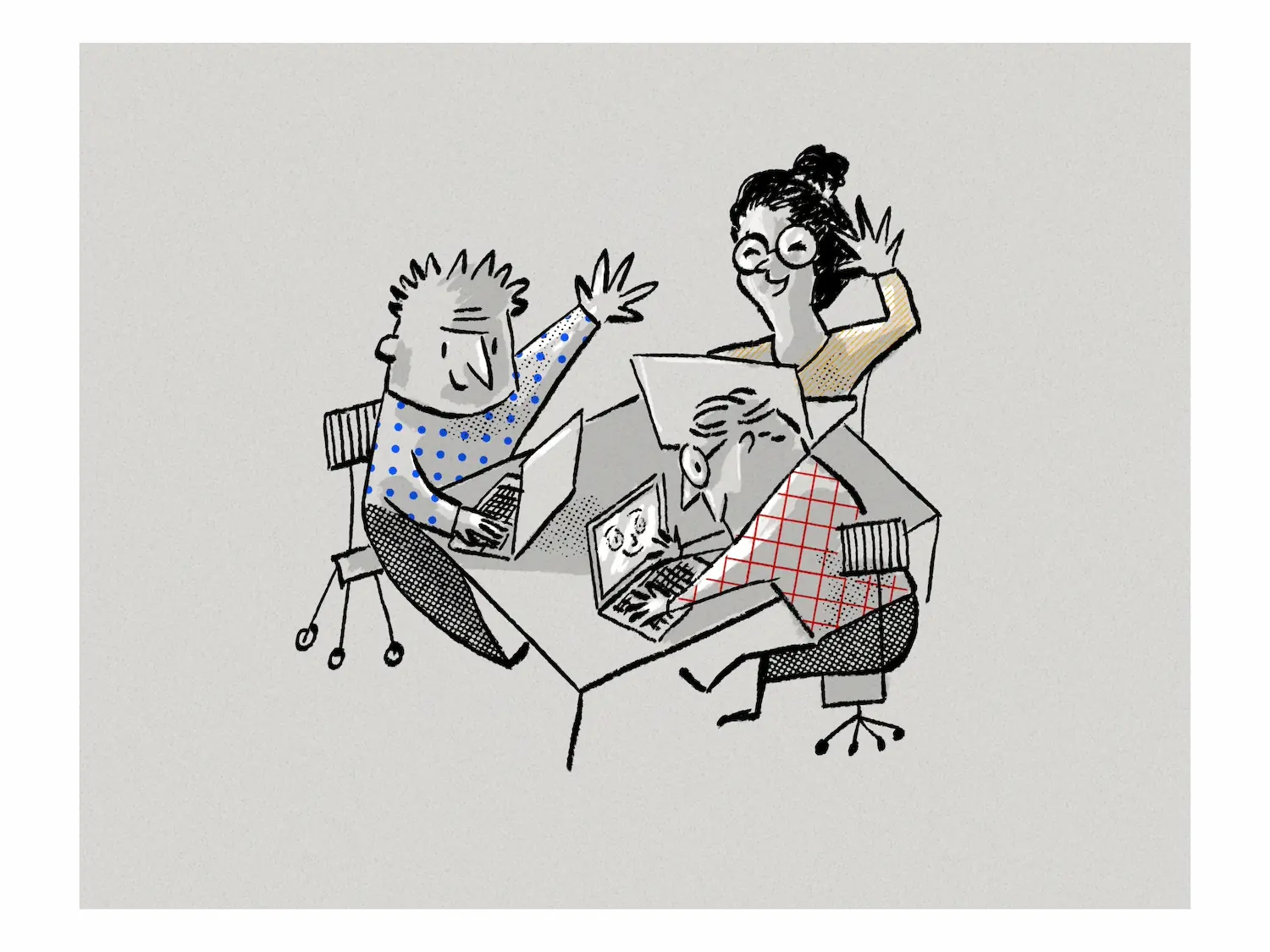 Muddy line illustration of two people waving across laptops at a table