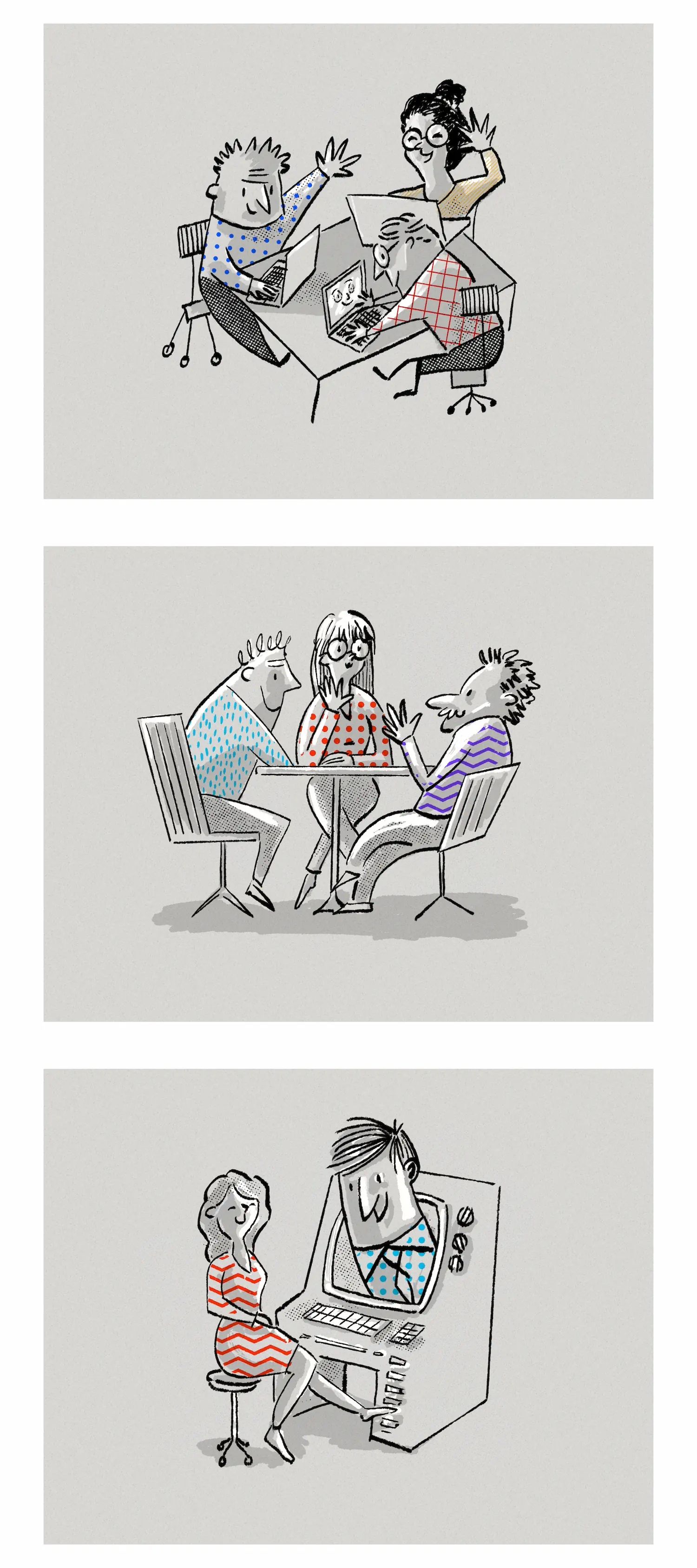 Muddy line illustration of two people waving across laptops at a table