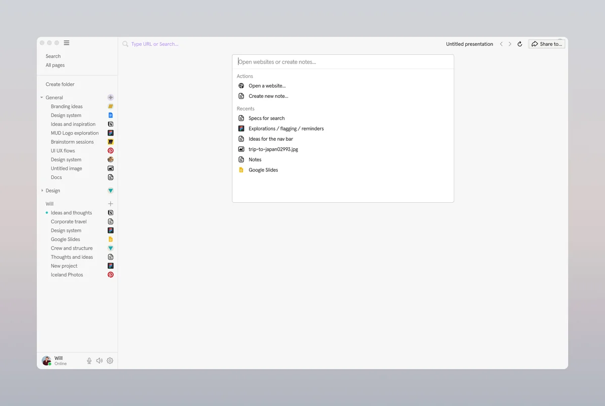 muddy – Muddy desktop app with sidebar of pages and a command bar for opening sites or notes