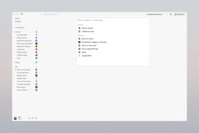 Muddy desktop app with sidebar of pages and a command bar for opening sites or notes – muddy