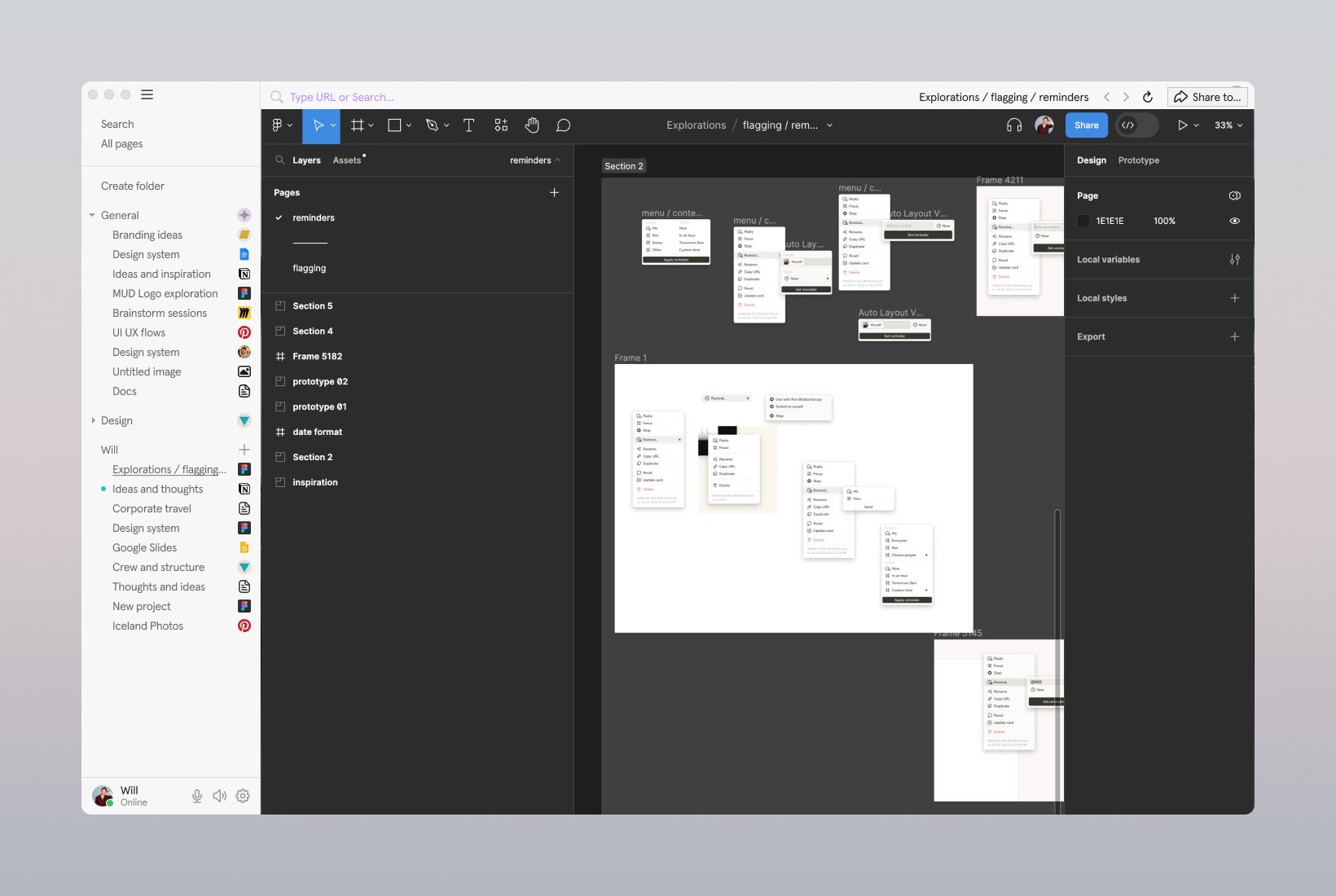 Muddy desktop showing an embedded Figma design canvas of flagging and reminder flows