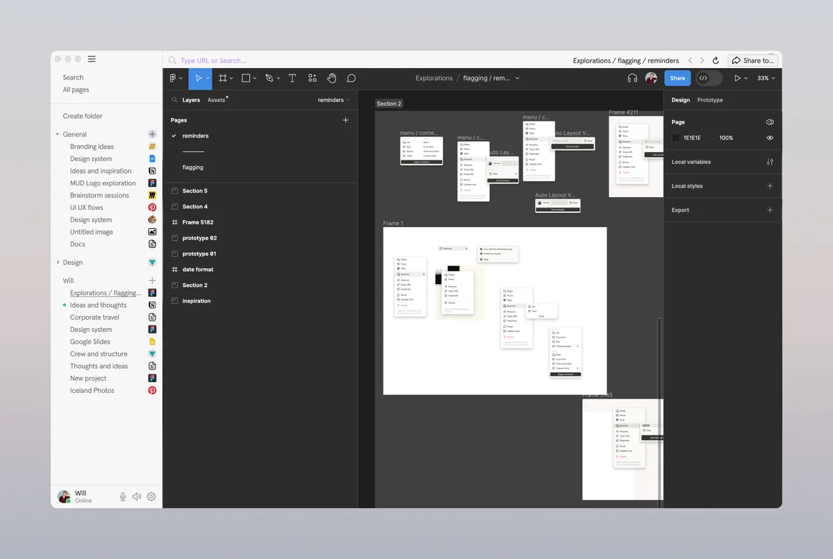 muddy – Muddy desktop showing an embedded Figma design canvas of flagging and reminder flows