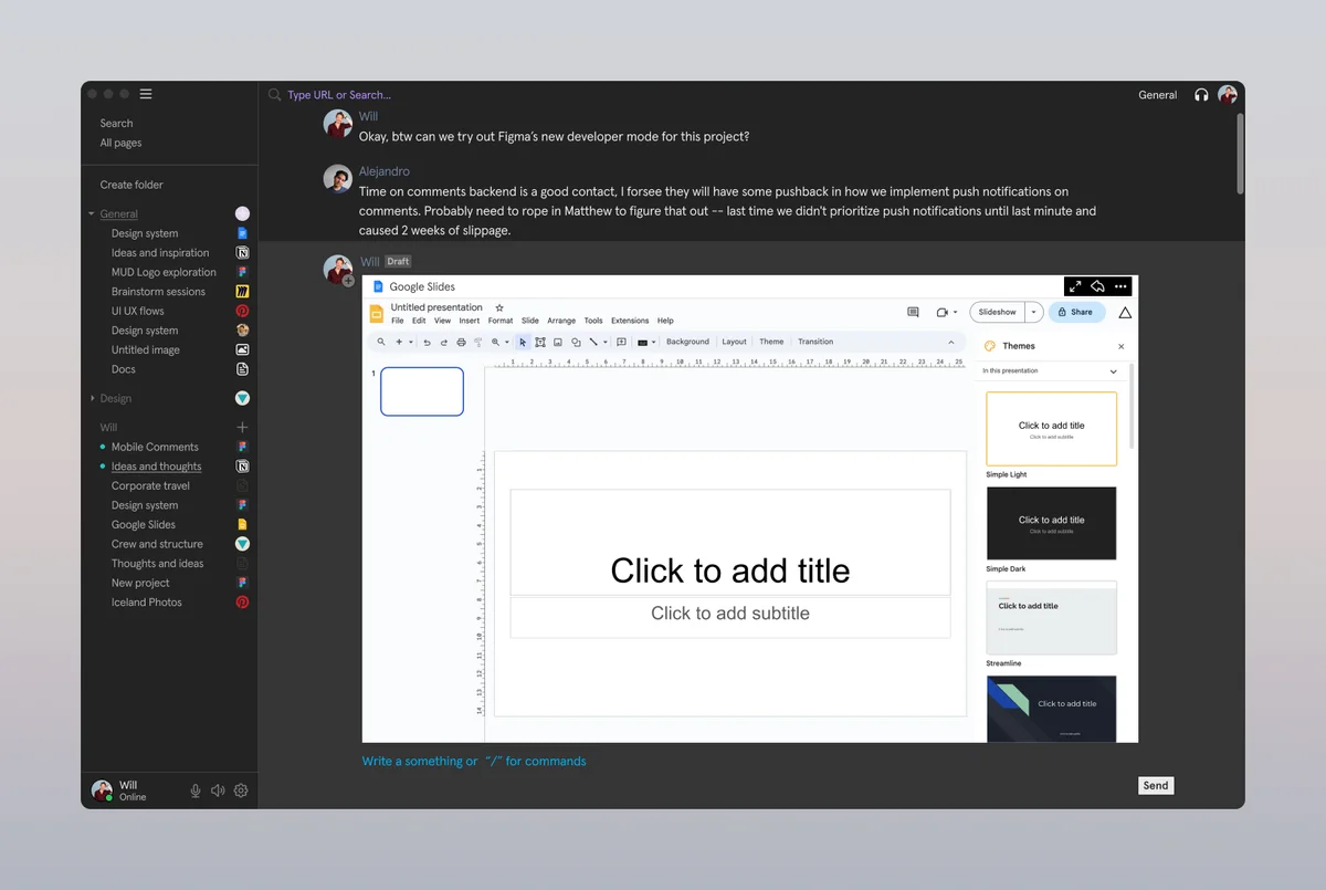 muddy – Muddy desktop conversation with an embedded Google Slides presentation editor