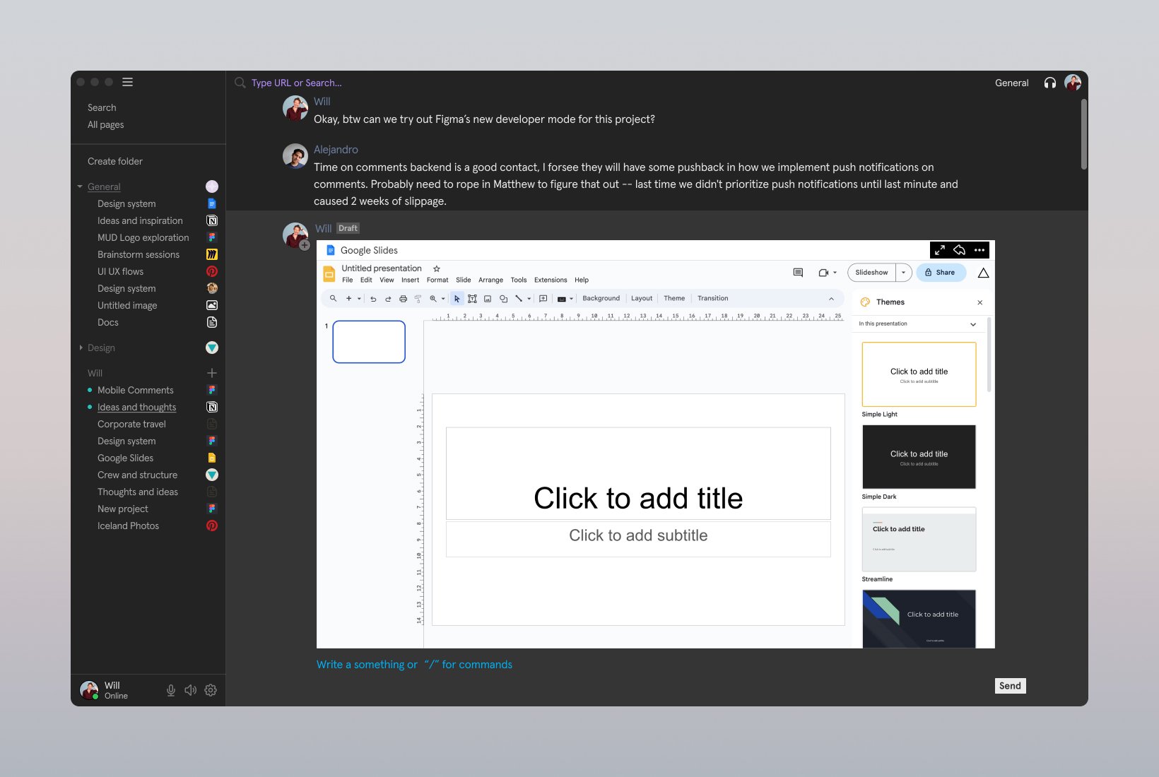 Muddy desktop conversation with an embedded Google Slides presentation editor