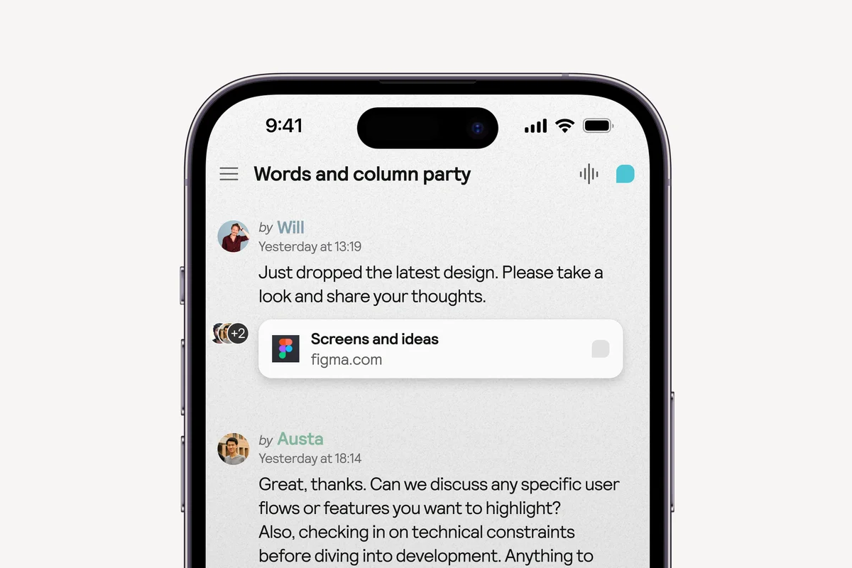 muddy – Muddy mobile app showing a team thread with a shared Figma link on a phone