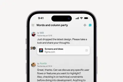 Muddy mobile app showing a team thread with a shared Figma link on a phone – muddy