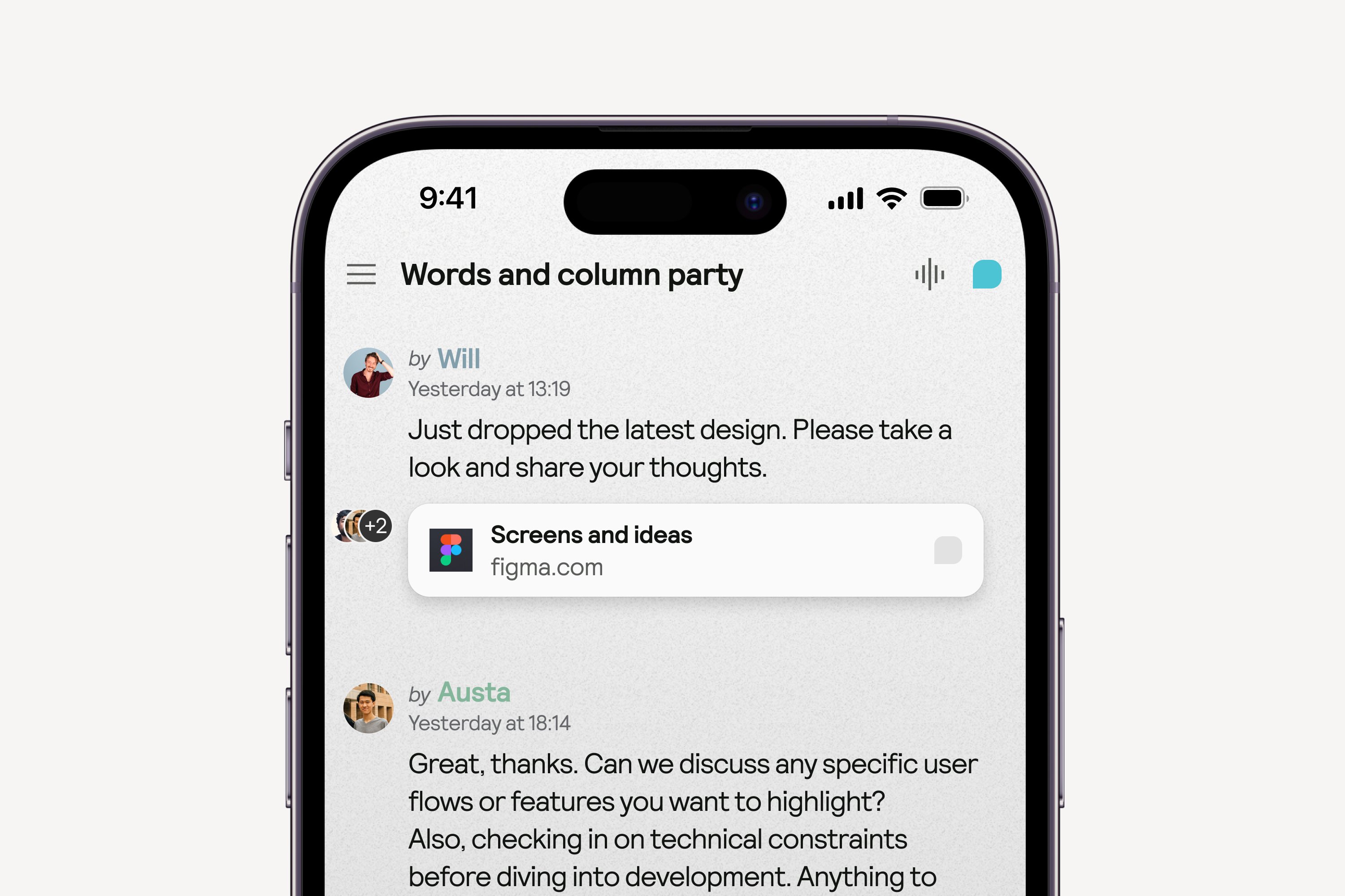 Muddy mobile app showing a team thread with a shared Figma link on a phone