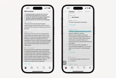 Two Muddy mobile screens showing threaded comments on a web page – muddy
