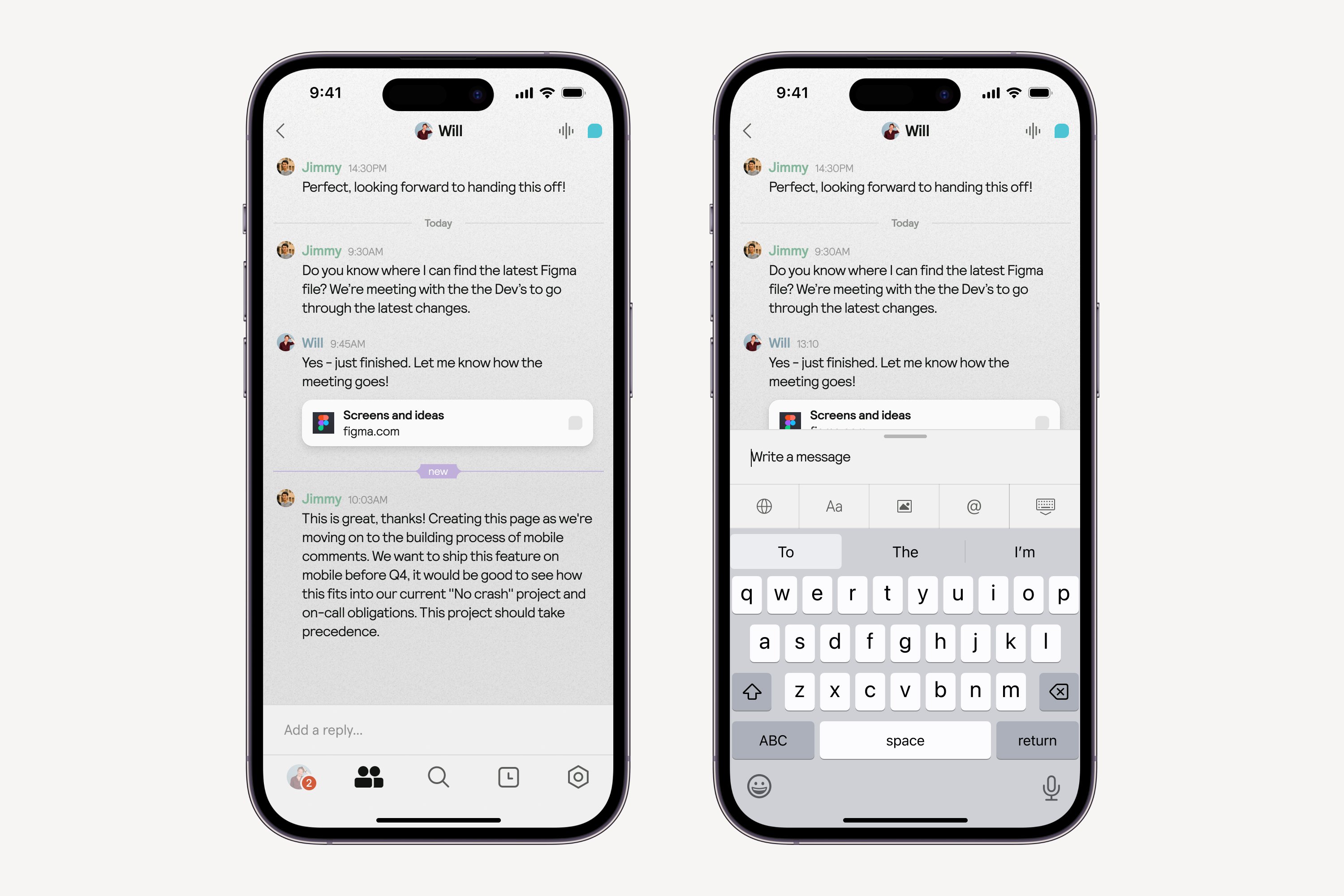 Two Muddy mobile direct message views with a shared Figma link