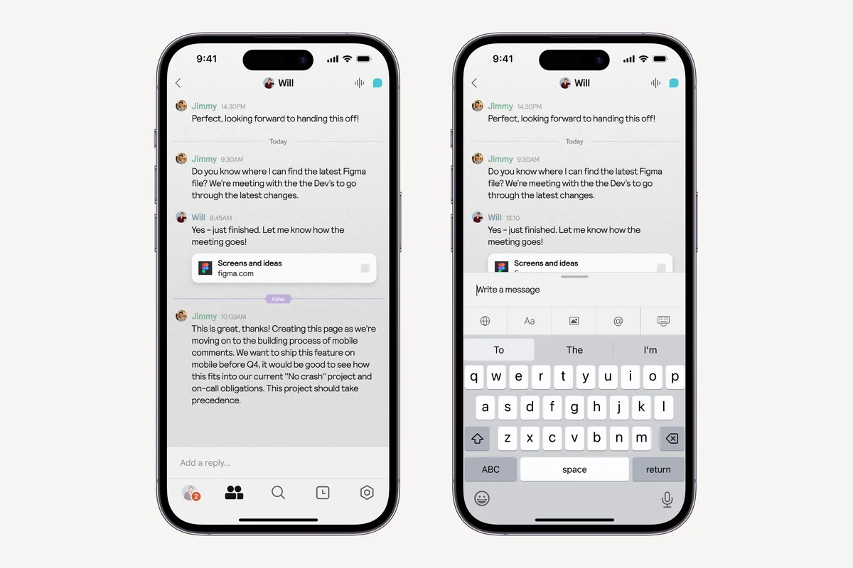 muddy – Two Muddy mobile direct message views with a shared Figma link