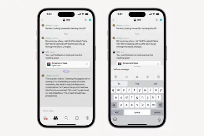 Two Muddy mobile direct message views with a shared Figma link – muddy