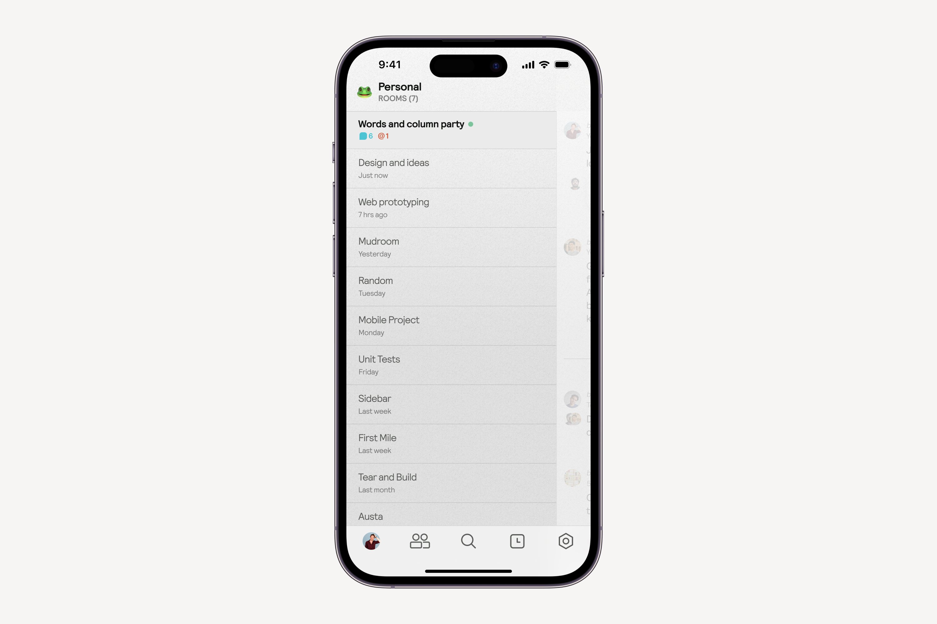 Muddy mobile rooms list showing personal channels and conversations