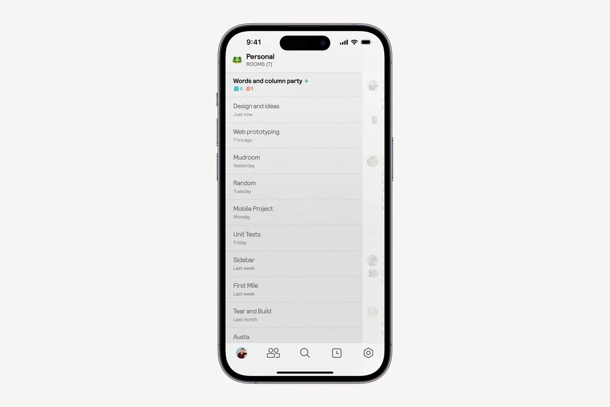muddy – Muddy mobile rooms list showing personal channels and conversations