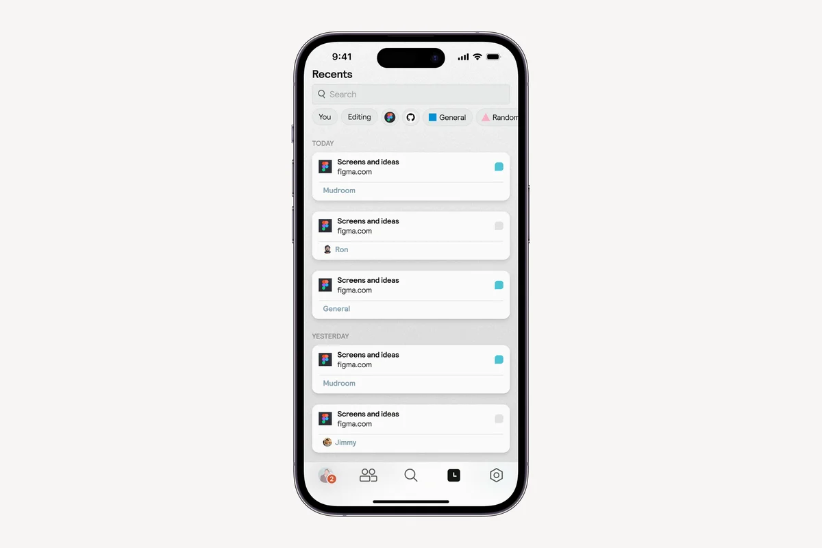 muddy – Muddy mobile recents feed of shared Figma links grouped by day