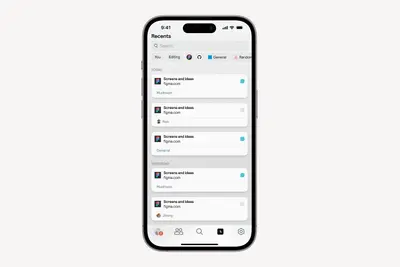 Muddy mobile recents feed of shared Figma links grouped by day – muddy