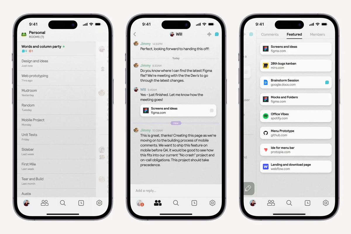 muddy – Three Muddy mobile screens showing rooms, a thread, and featured links