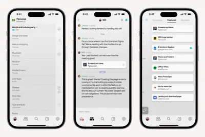 Three Muddy mobile screens showing rooms, a thread, and featured links – muddy