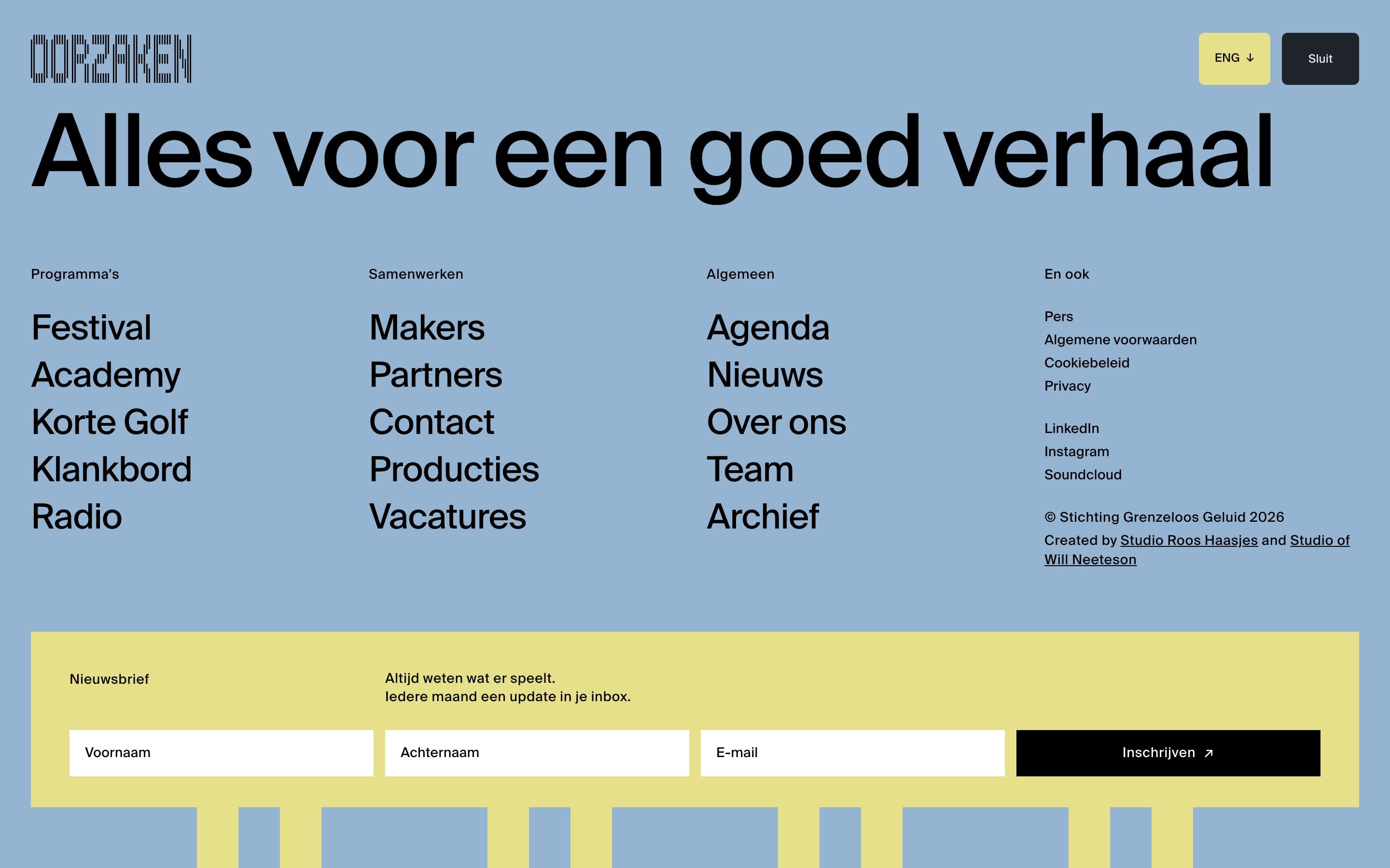 The site menu open under the line Alles voor een goed verhaal, with a newsletter form below