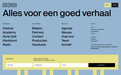 The site menu open under the line Alles voor een goed verhaal, with a newsletter form below – oorzaken