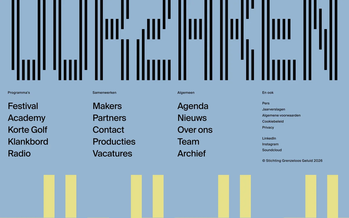 oorzaken – The footer with the barcode wordmark, the site map and the yellow stripe pattern