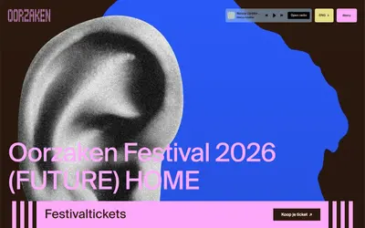 Oorzaken Festival 2026 page with a collaged ear and profile in blue, black and pink – oorzaken
