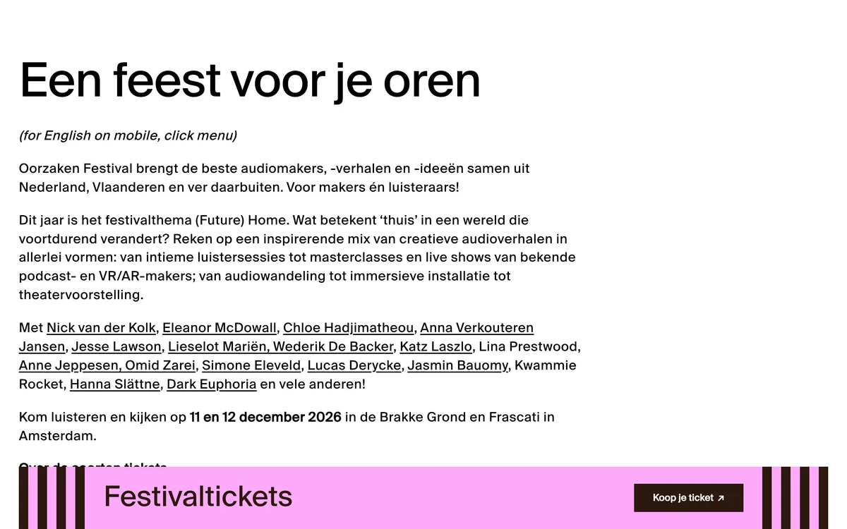 oorzaken – Festival programme with filters for date, category and edition and the Friday schedule
