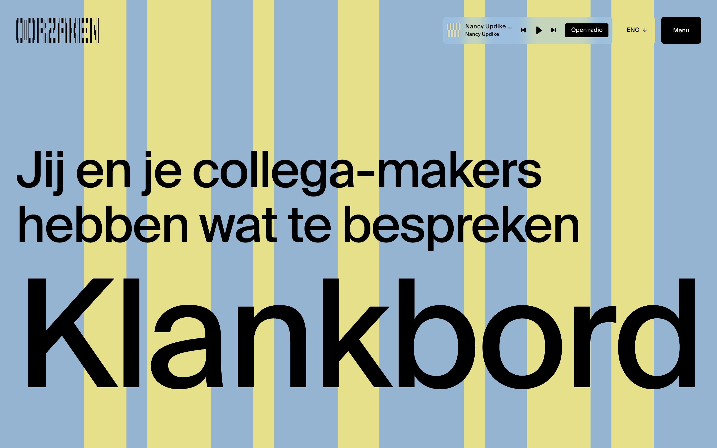Klankbord page with its headline on yellow and blue vertical stripes